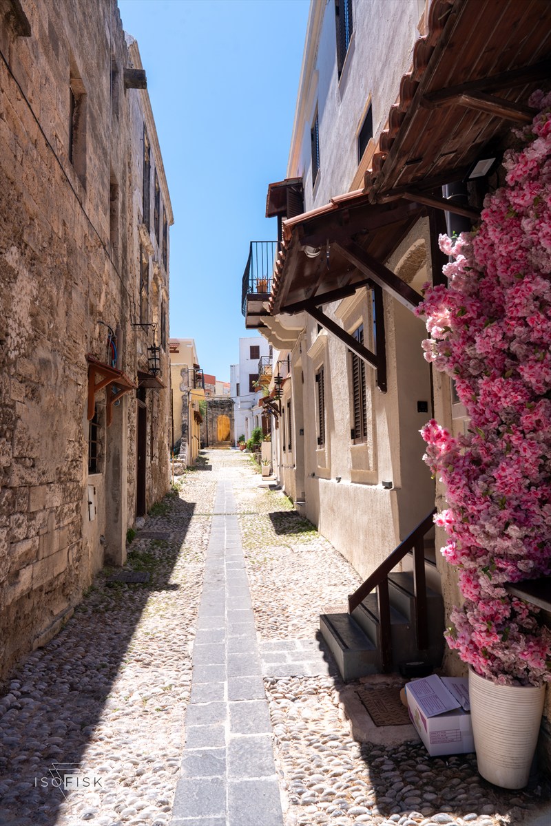 Narrow cobbled passage between old stone buildings