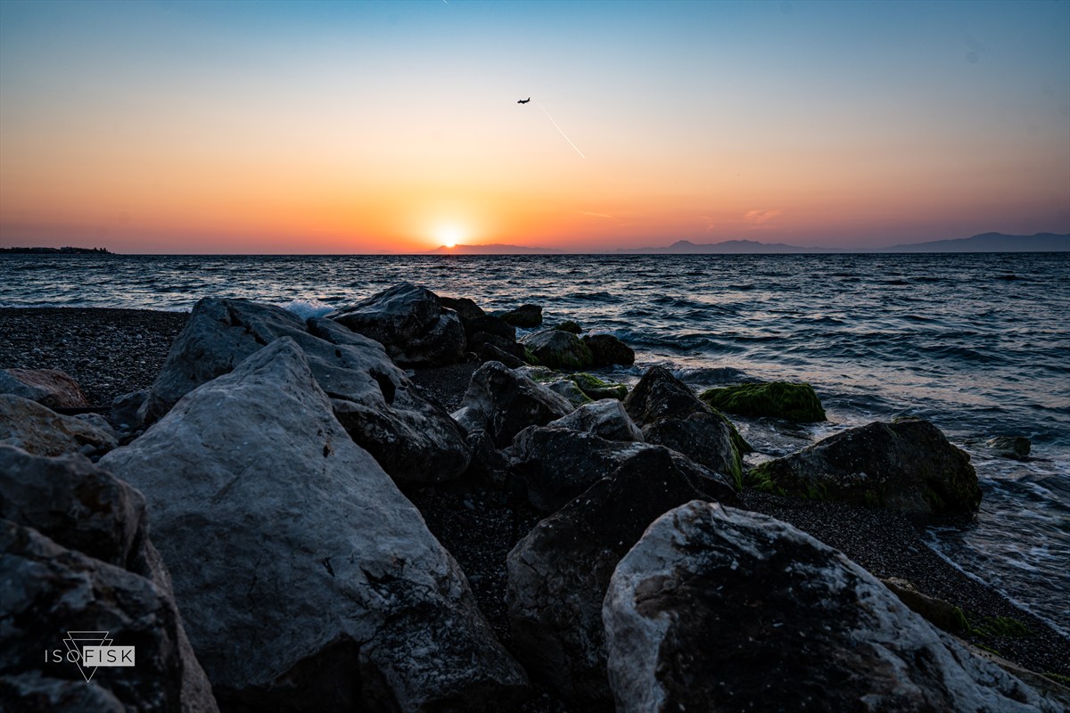 Bird flying over rocks beneath a low sunset