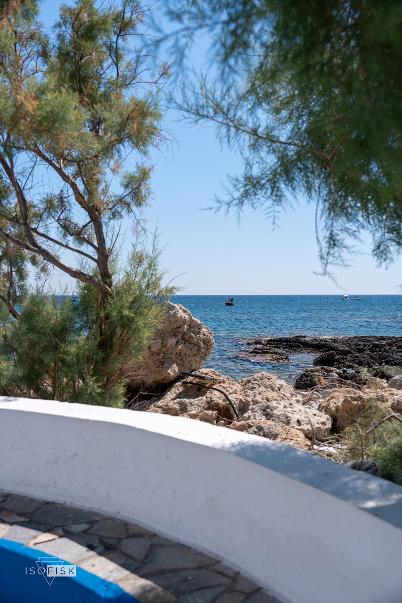 Shaded bench beside a rocky coastline and blue sea