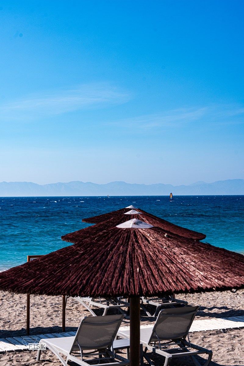 Red parasols leading towards a windsurfer on the blue sea